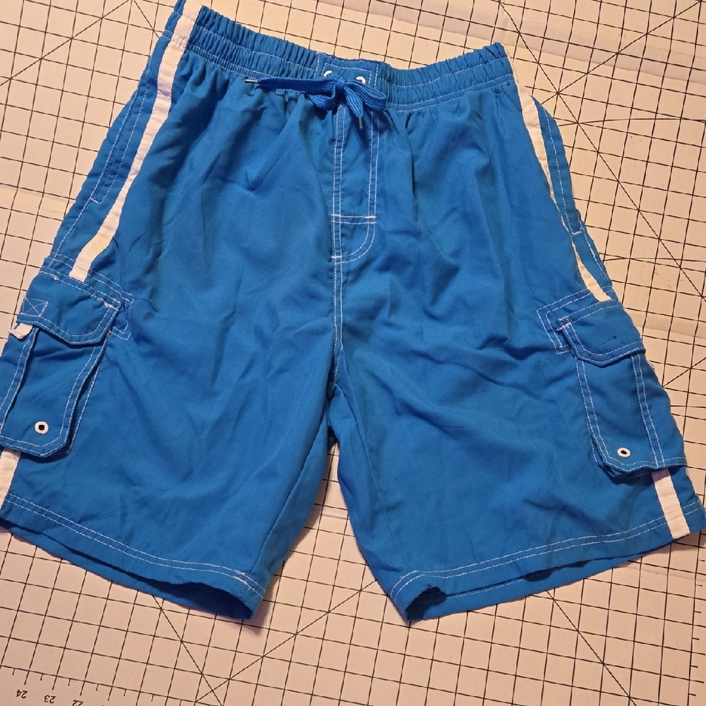 Turquoise Blue Cargo Men Swim Shorts Size XL:  A
